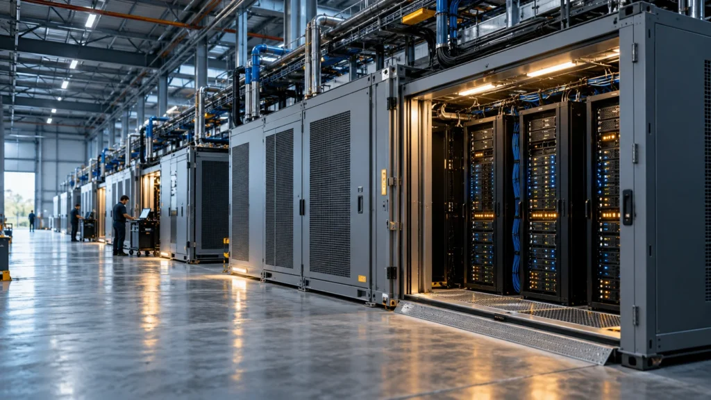 Corredor de centro de dados com racks de servidores e tubulações de refrigeração