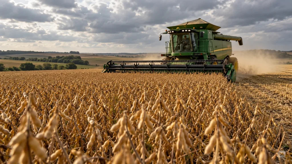 Silos de grãos e caminhões em cooperativa agrícola