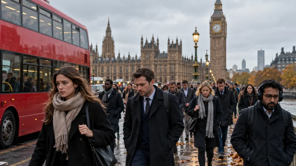 Ônibus vermelho circula por Londres em manhã nublada