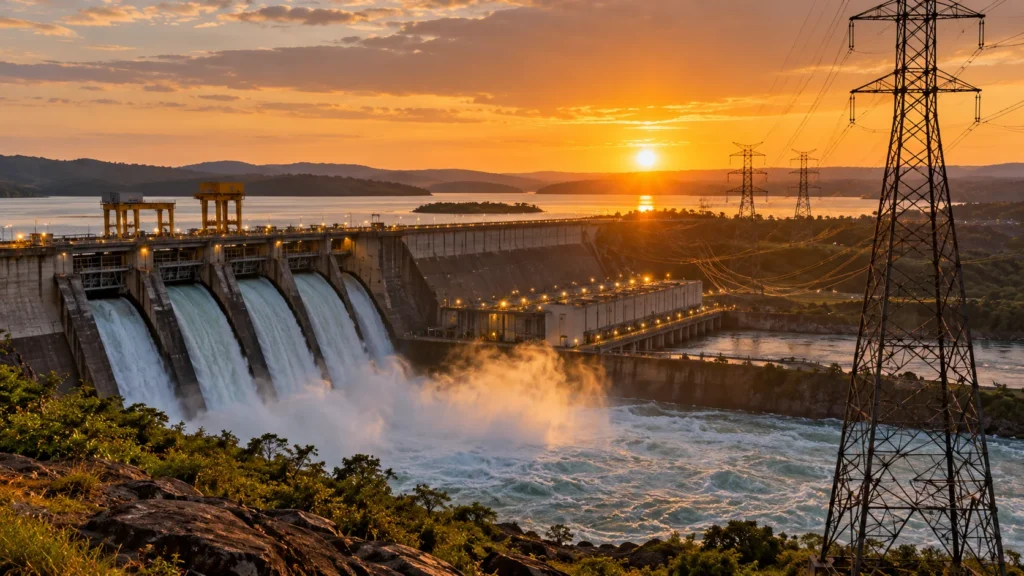 Usina hidrelétrica e linhas de transmissão ao pôr do sol