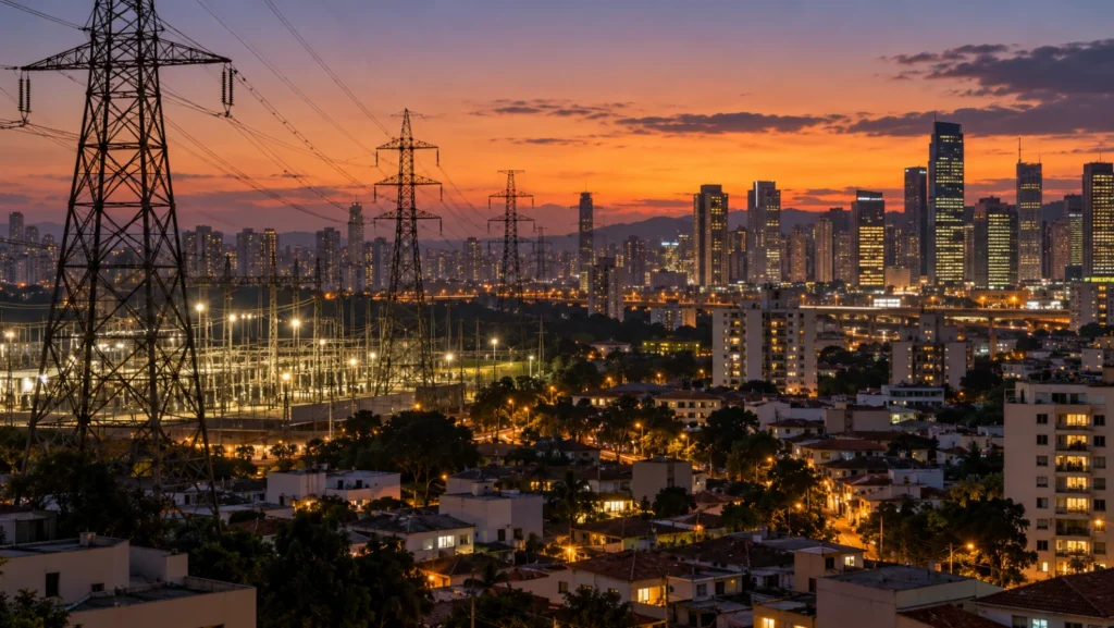 Linhas de transmissão elétrica ao entardecer sobre uma cidade.