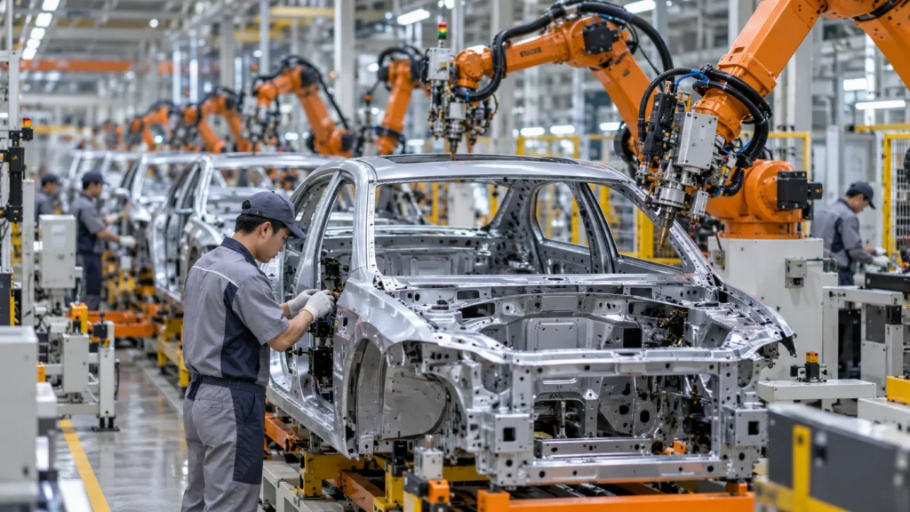 Linha robotizada monta veículos elétricos em uma fábrica chinesa