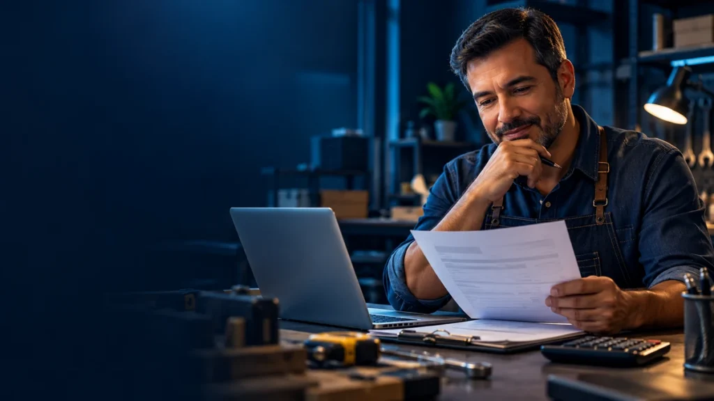 Empreendedor analisando documentos financeiros no escritório.
