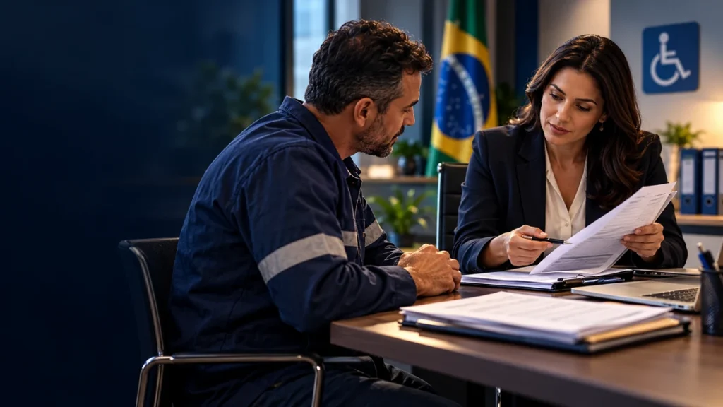 Consultor conversa com empreendedora em escritório.