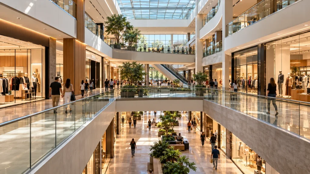 Interior de shopping center com lojas e passarelas.