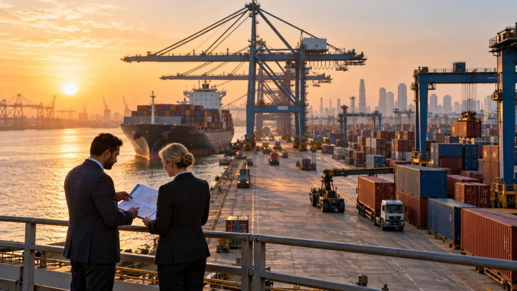 Delegações empresariais se encontram em um porto comercial internacional.