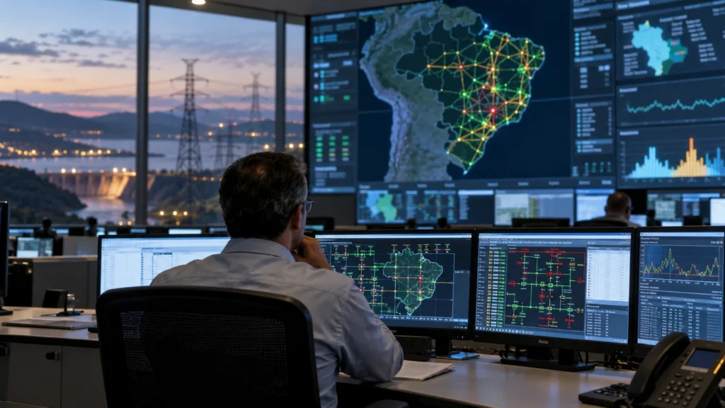 Técnico ajusta painel de controle em instalação industrial de energia