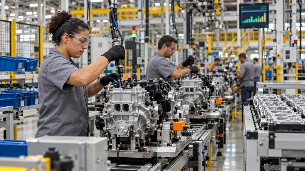Trabalhador inspeciona equipamento em fábrica brasileira