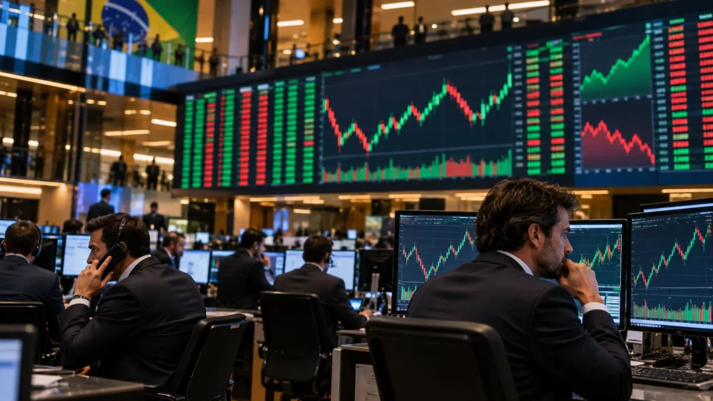 Painel de bolsa com gráficos de ações e operadores em primeiro plano