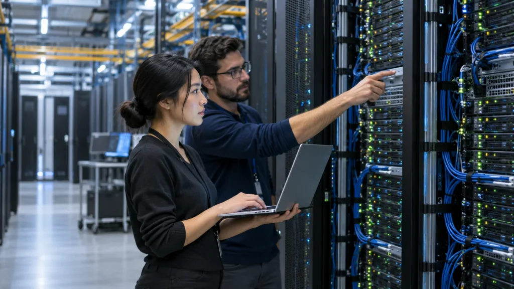 Operário brasileiro inspeciona máquina industrial em linha de produção