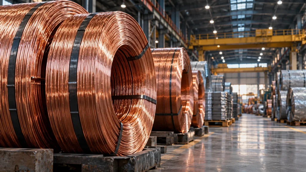 Bobinas de cobre armazenadas em galpão industrial