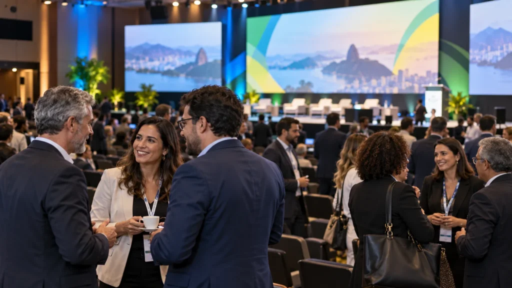 Profissionais conversam durante congresso em centro de convenções