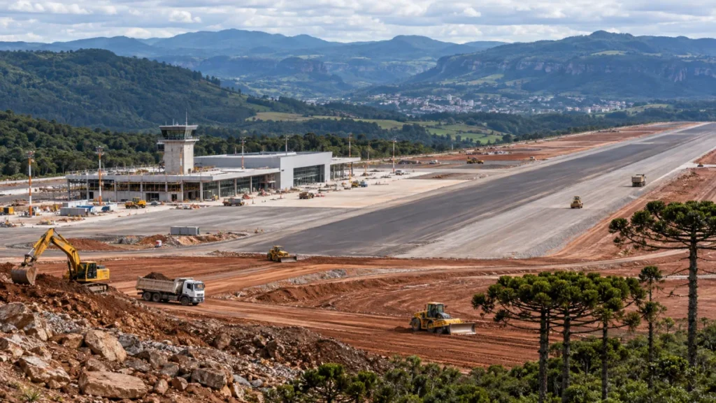 Projeto de aeroporto regional com pista cercada pelas montanhas da Serra Gaúcha
