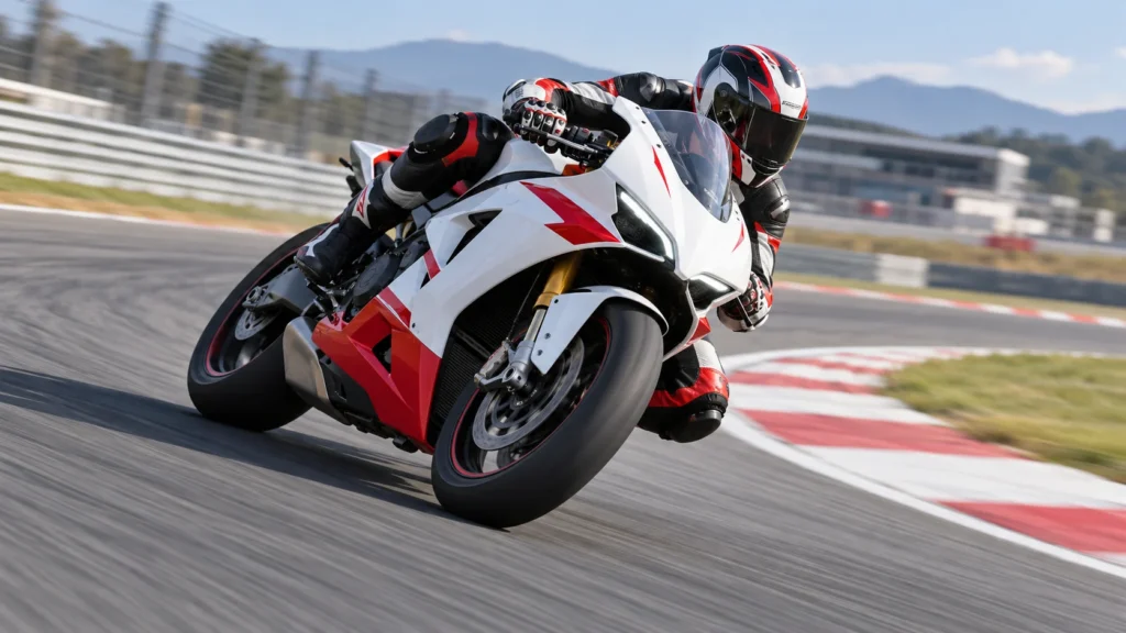 Motocicleta esportiva branca e vermelha inclina em curva de autódromo