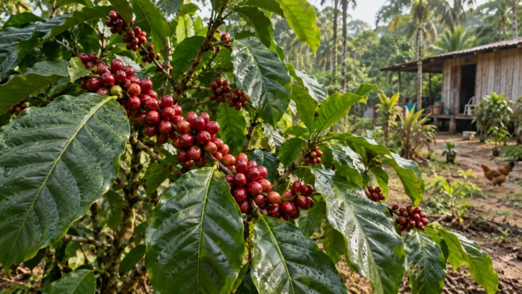 Frutos maduros de café em uma pequena propriedade rural na região amazônica