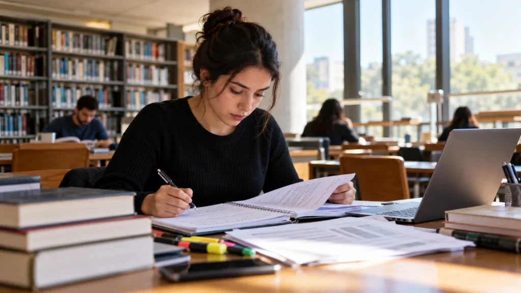 Candidata estuda para uma seleção pública em uma biblioteca