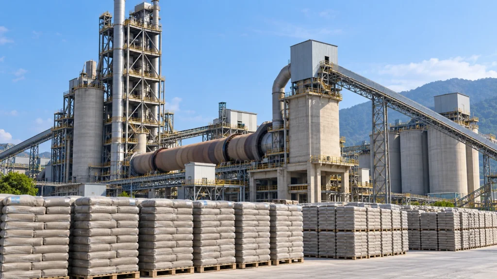 Forno e estruturas de uma fábrica de cimento em operação.