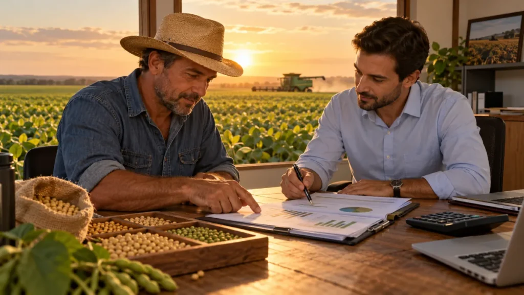 Plantação agrícola com silos e documentos financeiros sobre uma mesa