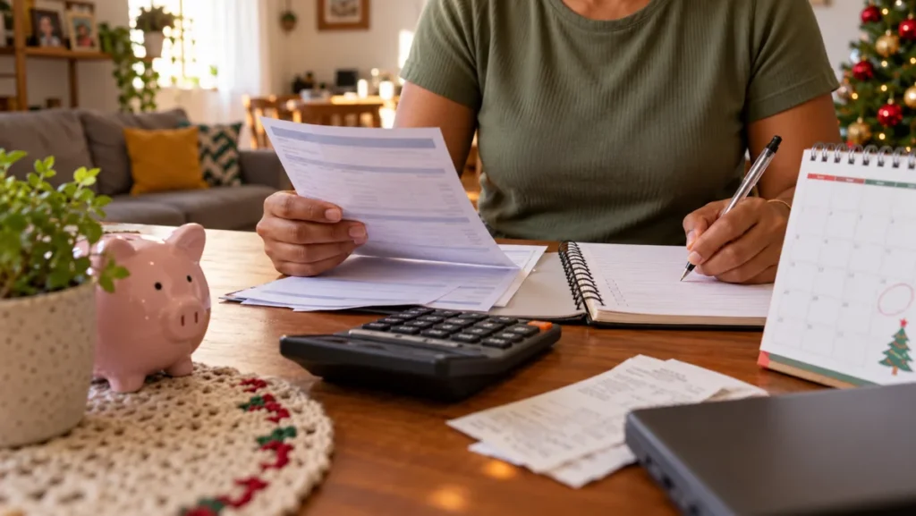 Calendário de novembro e dezembro ao lado de carteira de trabalho e comprovante de pagamento