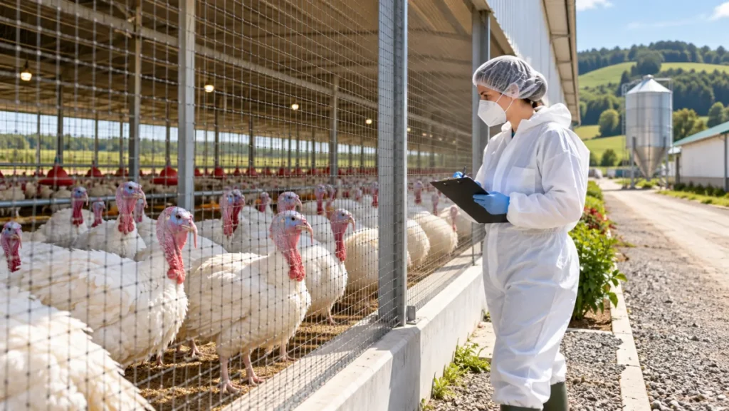 Aves em granja sob monitoramento veterinário após alerta sanitário
