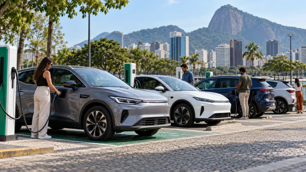 Carros elétricos conectados a carregadores em área urbana do Rio
