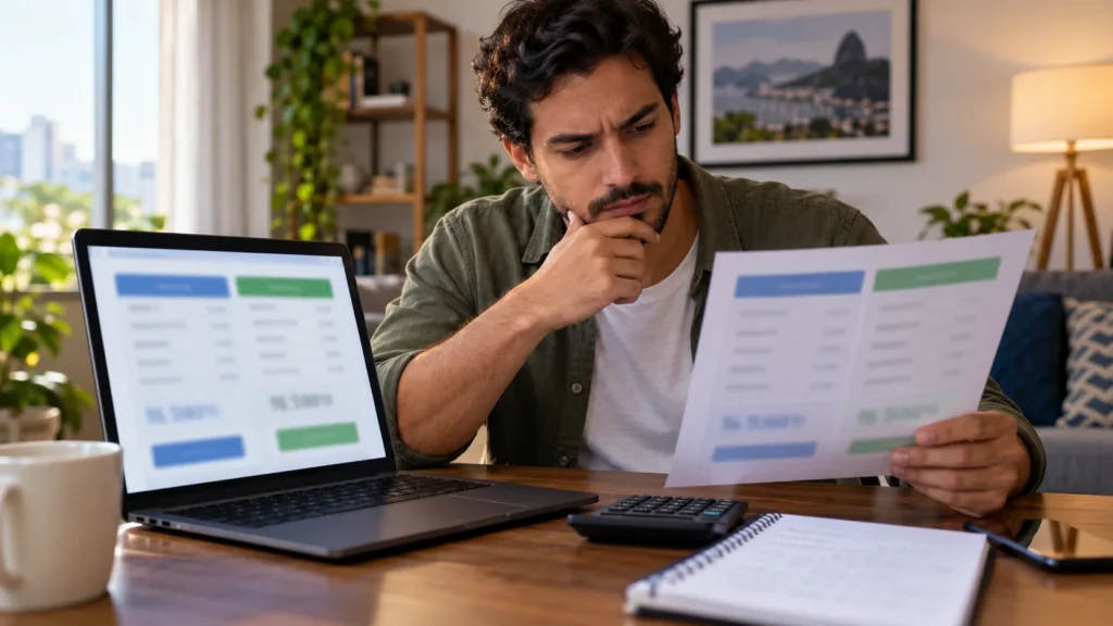 Pessoa compara propostas de crédito em documentos e no computador