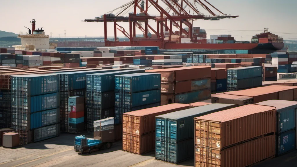 Navio cargueiro e contêineres em um terminal portuário.