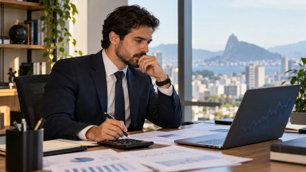 Analista observa dados e relatórios econômicos em seu escritório.