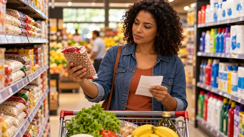Pessoa compara preços de alimentos no supermercado