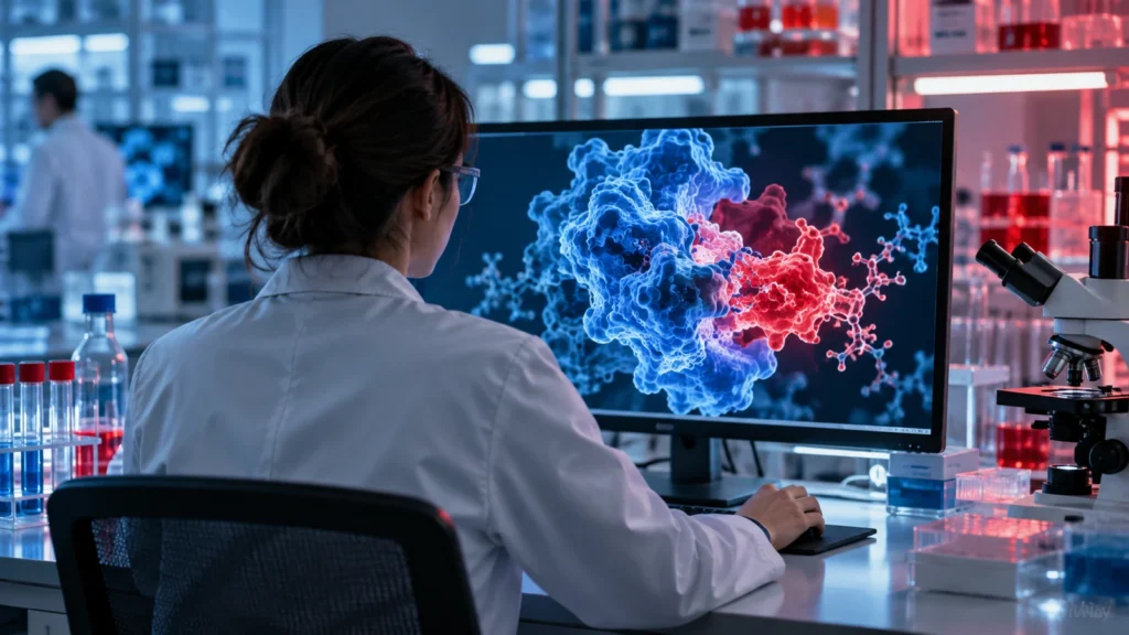 Pesquisador examina modelo molecular em laboratório de oncologia.