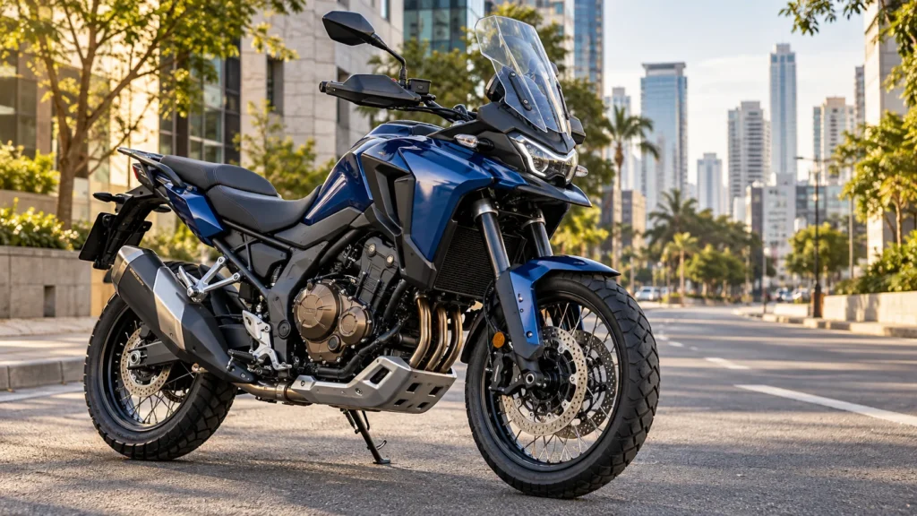 Motocicleta crossover azul de média cilindrada em avenida urbana