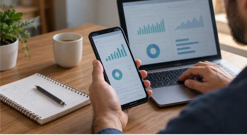 Pessoa consultando informações financeiras no celular e no computador
