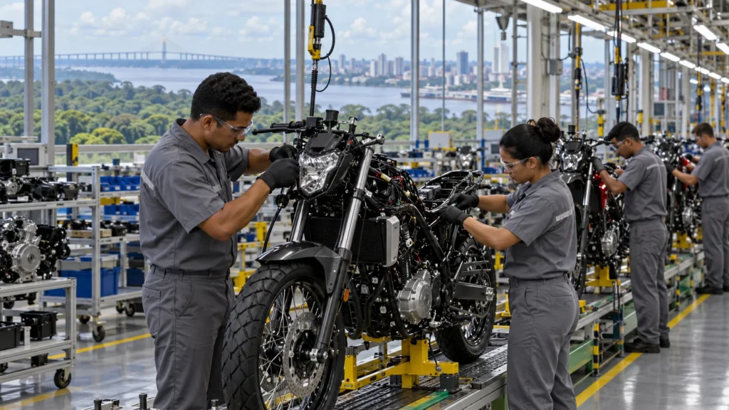 Equipe monta motocicletas em linha de produção em Manaus