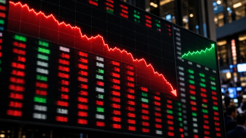 Painel eletrônico de cotações com linha vermelha em queda e linha verde do Dólar em alta.