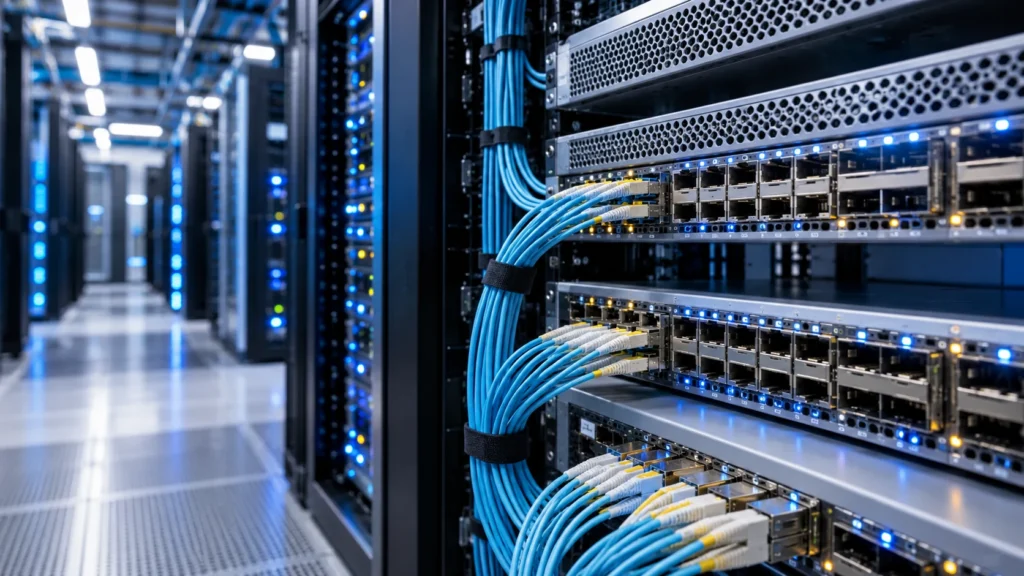 Equipamentos de rede óptica e cabos de fibra em uma sala de data center.