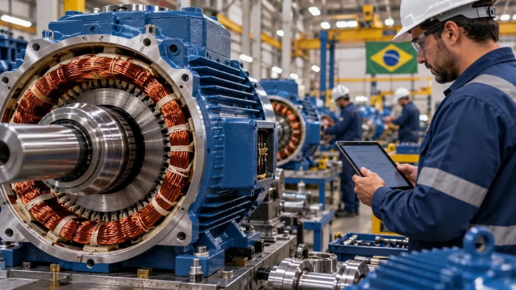 Engenheiro inspeciona motor elétrico em uma fábrica brasileira.