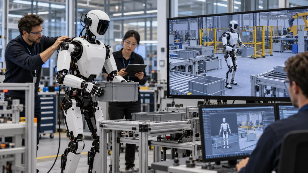 Engenheiros testam robô humanoide com simulação digital.