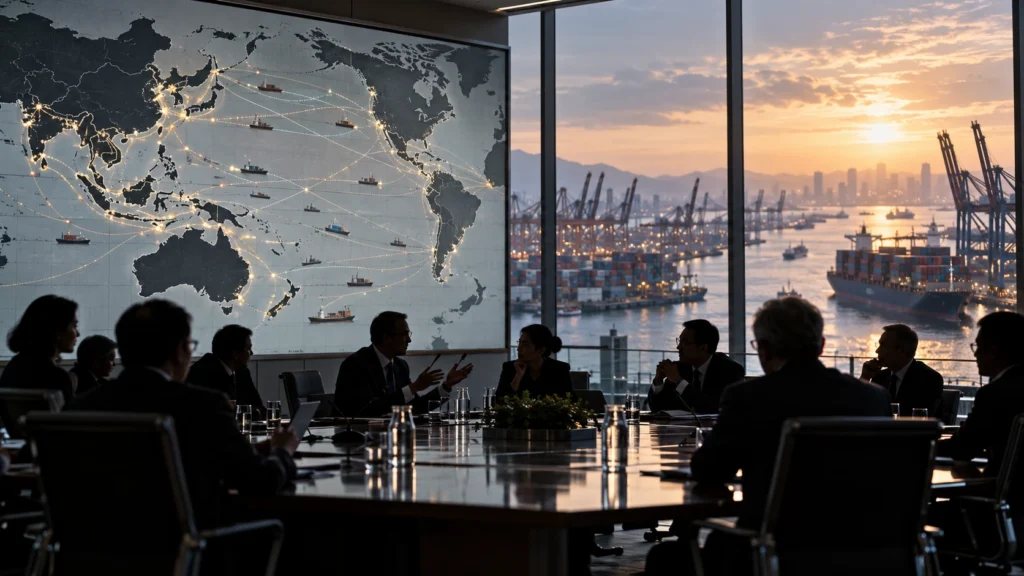 Reunião econômica da Ásia-Pacífico com mapa de rotas comerciais.