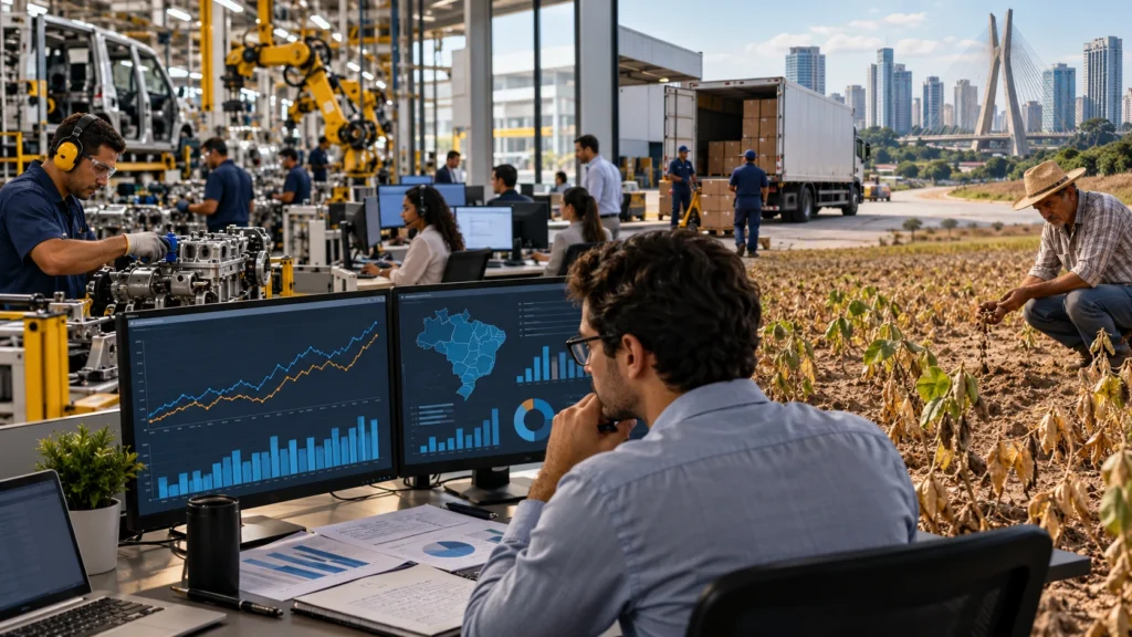 Indústria, serviços e agricultura compõem a atividade econômica brasileira.