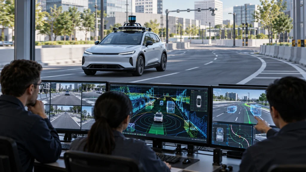 Carro autônomo é monitorado por engenheiros durante teste.