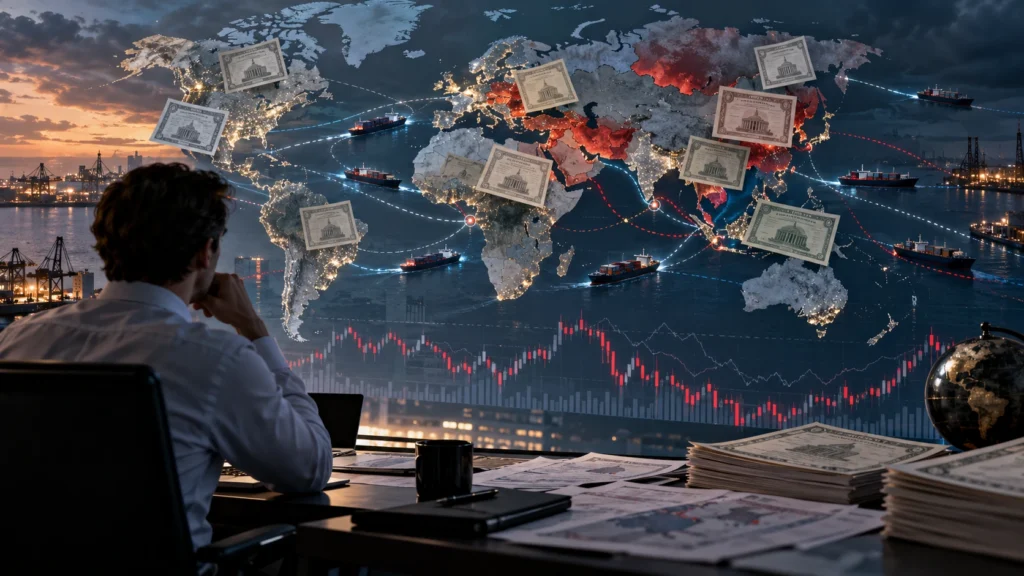 Analista observa mapa global, dívida pública e oscilações de mercado.