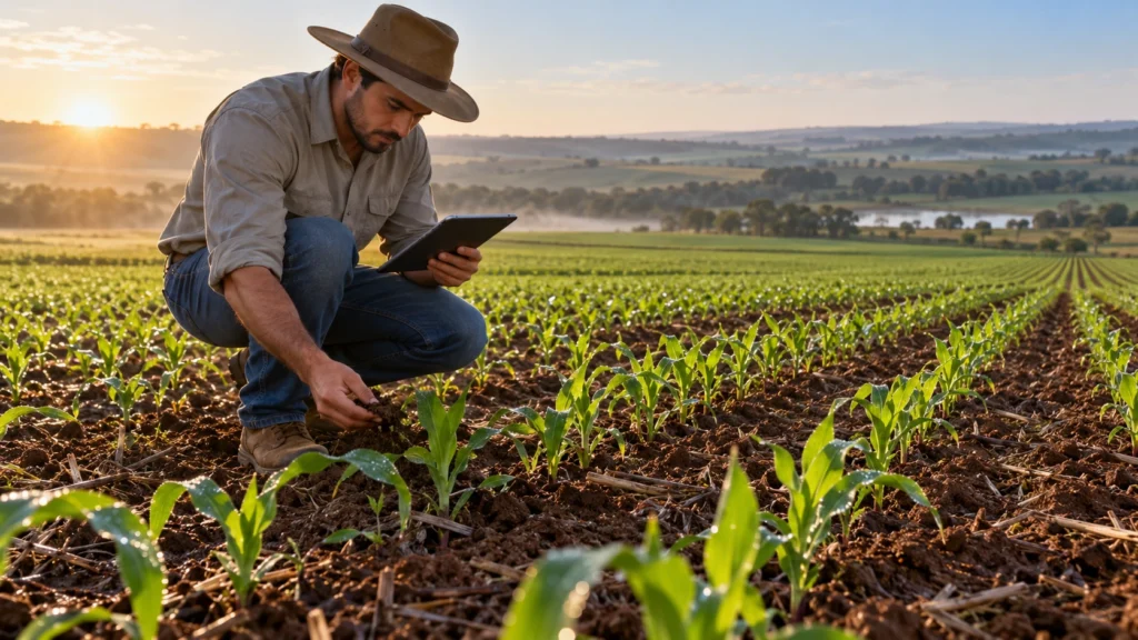 Agrônomo acompanha o plantio de uma nova safra no Brasil.