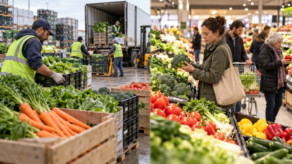 Produtos agrícolas em mercado atacadista e supermercado.