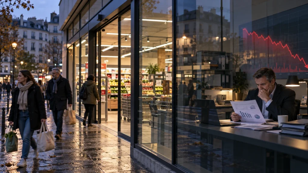 Fachada de supermercado francês e gráfico de ações em queda.