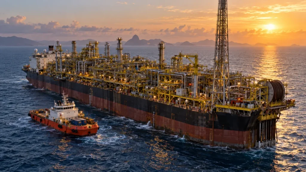 Plataforma de petróleo em operação no pré-sal brasileiro ao amanhecer