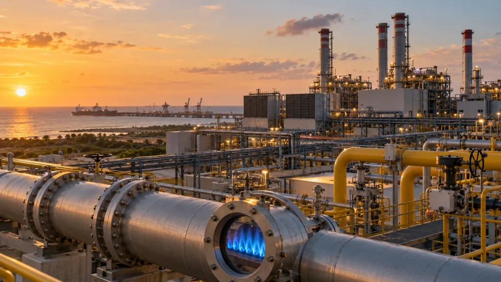Estrutura industrial de gás e geração de energia em um complexo costeiro.