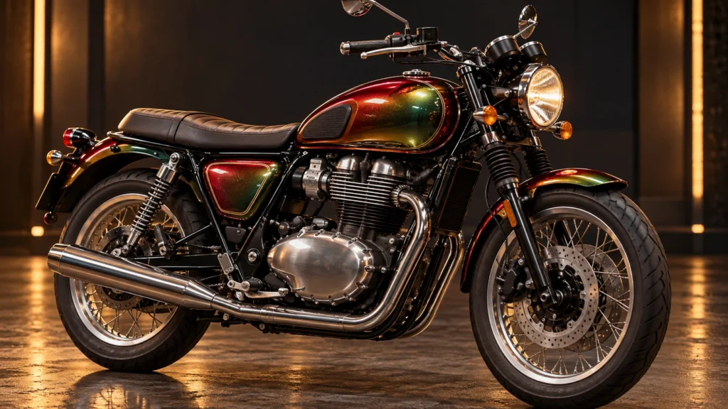 Motocicleta clássica com tanque em tons vermelho, verde e dourado