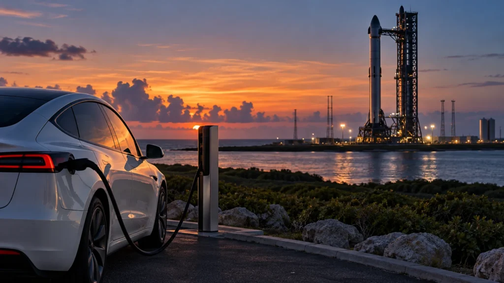 Carro elétrico carregando diante de um foguete reutilizável em uma plataforma costeira