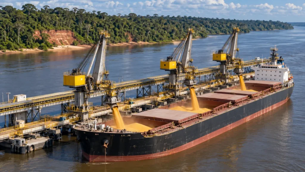 Terminal portuário flutuante no rio Amazonas com navio carregando grãos