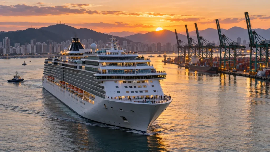 Navio de cruzeiro atracado em porto brasileiro durante a temporada de verão
